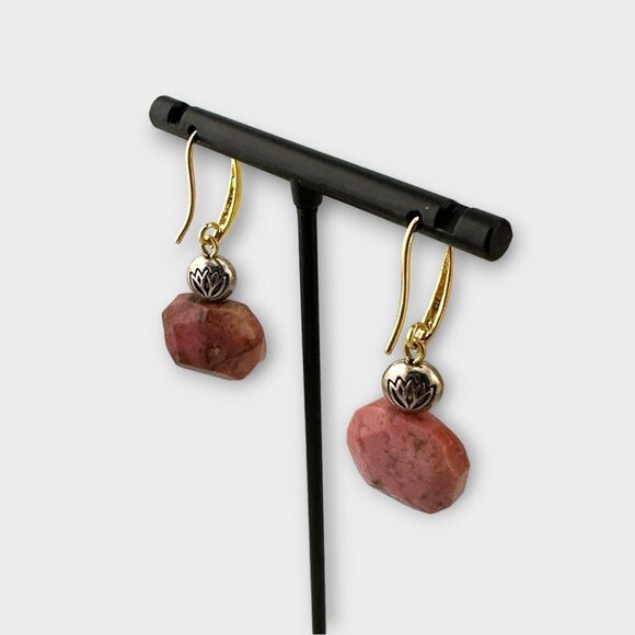 Rhodonite Silver Lotus Charm Earrings Gold-plated Ear Wires - Picture 2 of 10